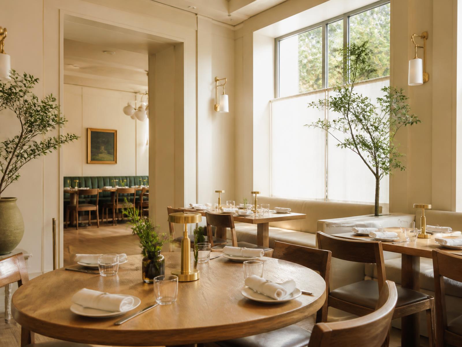 Lichte eetzaal van een restaurant in de ochtend
